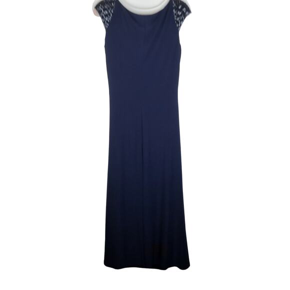 Lauren Ralph Lauren Evening Dress Maxi Navy Beaded Shoulders V-Neck Drape Sz 12 - Picture 9 of 12